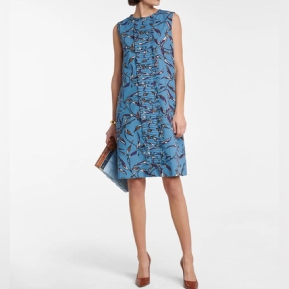 Max Mara Printed Nola Dress Light Blue Floral‎ Print Ruffle Shift Dress Sz 8 - Picture 1 of 8